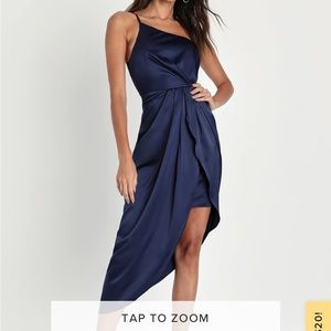 Lulu’s Law of Attraction Navy Blue One-Shoulder Asymmetrical Midi Dress